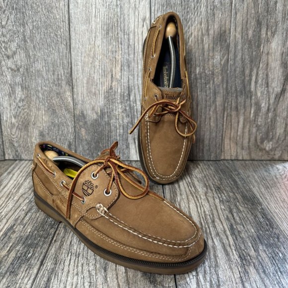 TIMBERLAND Khaki Brown Leather Echo Bay Boat Shoes Loafers Men's SIze 8M - Picture 1 of 10